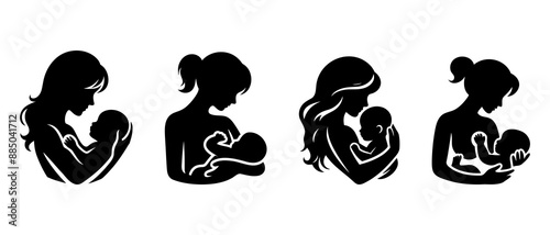 Breastfeeding silhouette vector.  Mother feeding breast milk to baby black filled vector Illustration icon.