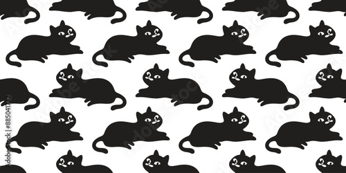 cat seamless pattern black kitten moustache calico neko vector cartoon pet doodle tile background gift wrapping paper repeat wallpaper scarf isolated illustration design