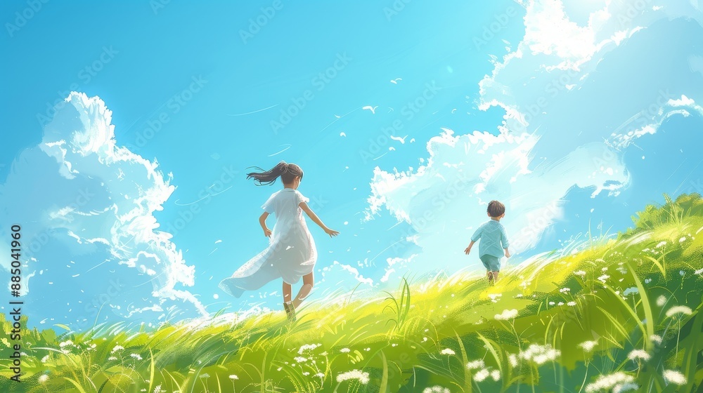 Happy little boy and girl running on green hill with cloud and blue sky, summer sunlight,Childhood playing tag game and running outdoors on green field,leisure and people concept.