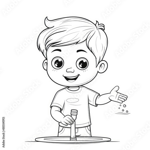 A coloring book page featuring a boy washing hands, promoting hygiene and cleanliness