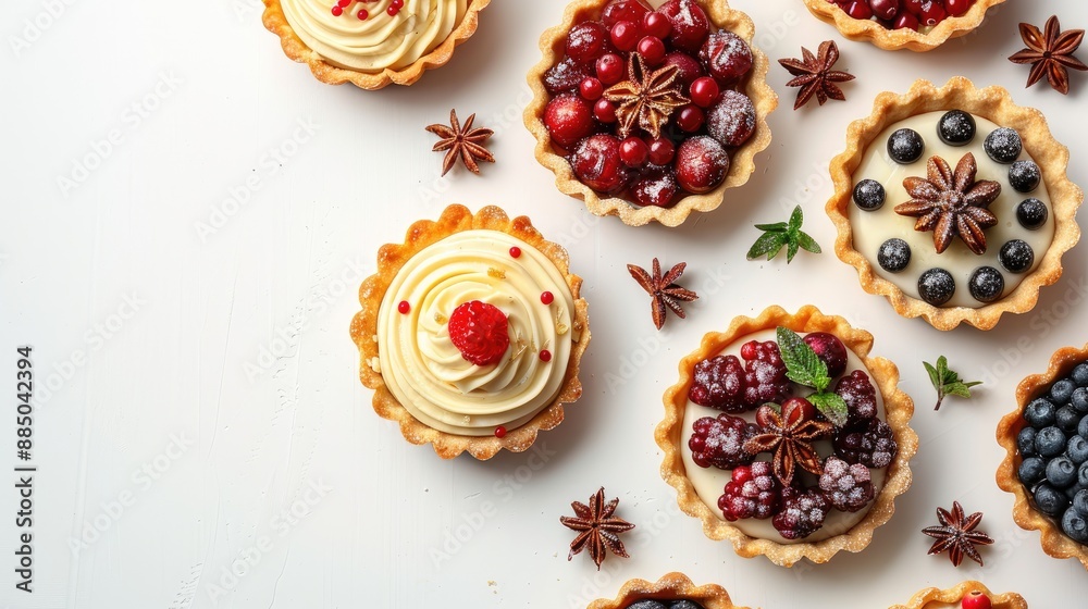 Top view of assorted holiday tartlets on white background Copy space available Top view of assorted holiday tartlets on white background Copy space available