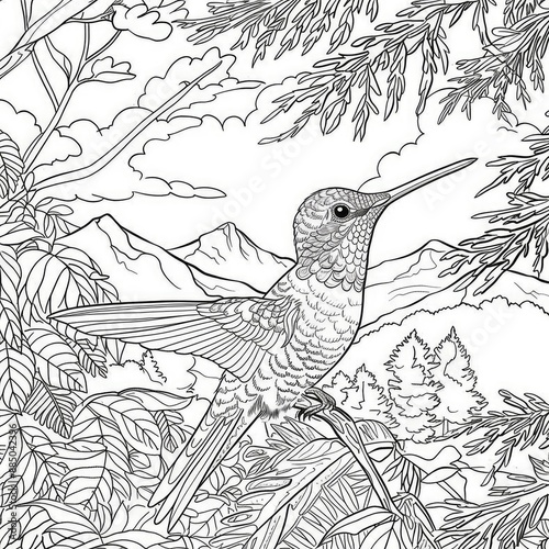 A coloring page featuring a hummingbird, capturing the beauty of nature