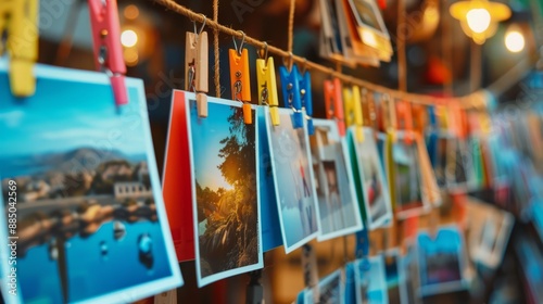 A string of treasured memories, photo cards pinned with love, showcasing life's beautiful moments