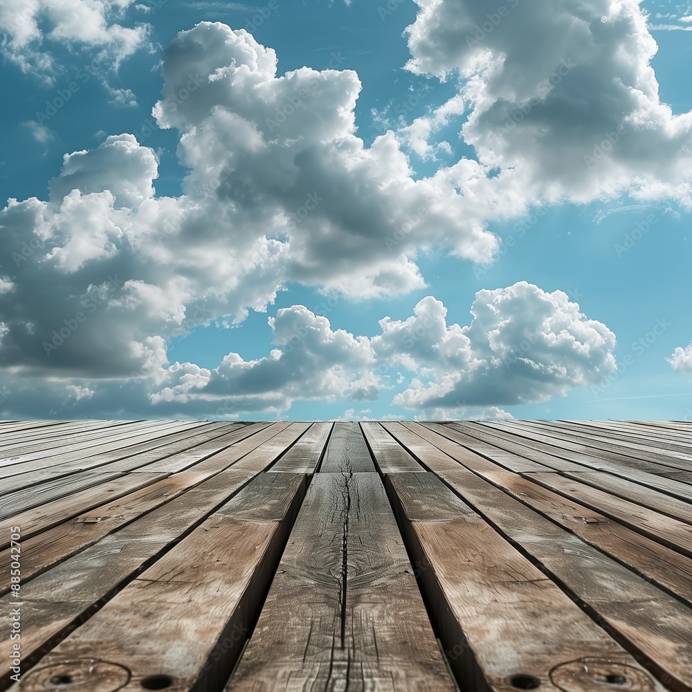 Scenic Sky Over Wooden Deck with Fluffy Clouds on a Sunny Day Scenic Sky Over Wooden Deck with Fluffy Clouds on a Sunny Day