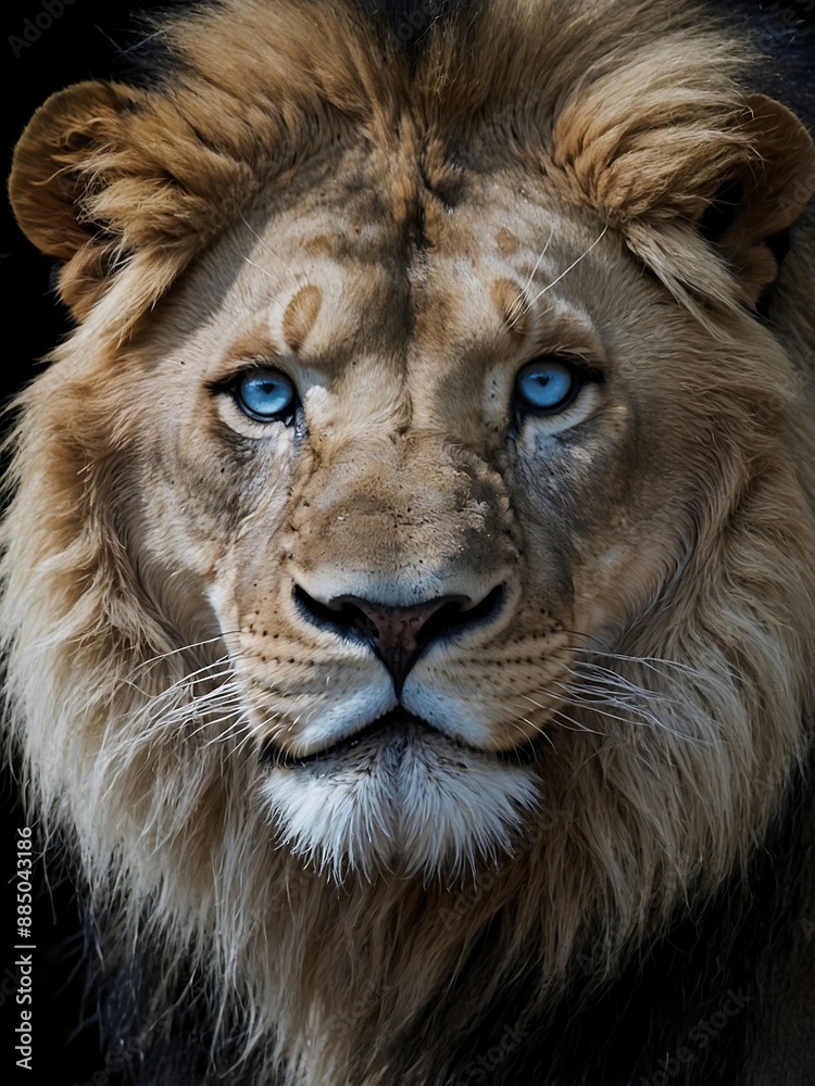 Lion captured in black and white, highlighting piercing blue eyes Lion captured in black and white, highlighting piercing blue eyes