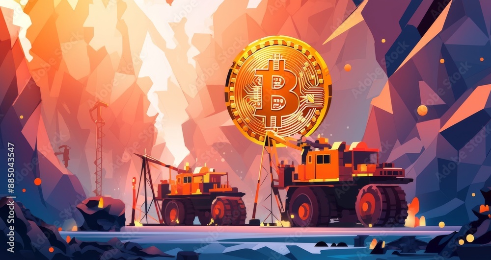Fototapeta premium Bitcoin mining illustration vector. Blockchain security concept illustration, decentralization visual.