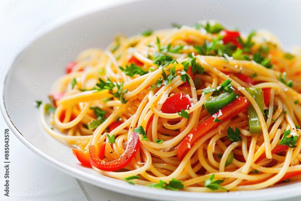 Italian Food White Plate. Delicious Pasta with Fresh Green and Red Vegetables on White Table Italian Food White Plate. Delicious Pasta with Fresh Green and Red Vegetables on White Table