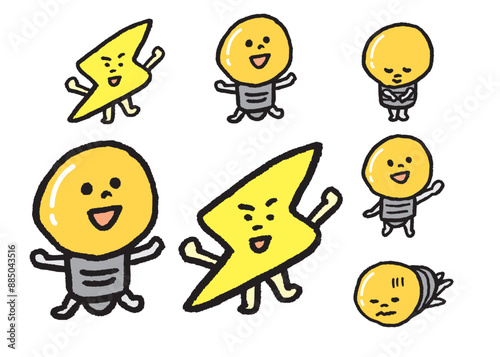 ギザギザで黄色のかわいい電気と電球のキャラ素材