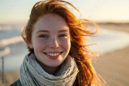 Sunshine Face Portrait. Beautiful Young Woman Smiling at the Beach on Warm Vacation