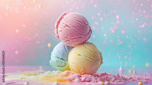 A photo of rainbow sherbet ice cream, set against a bright, playful background