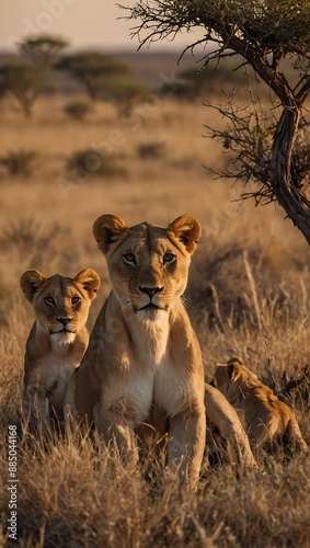 Lioness with cubs resting in African savann photo