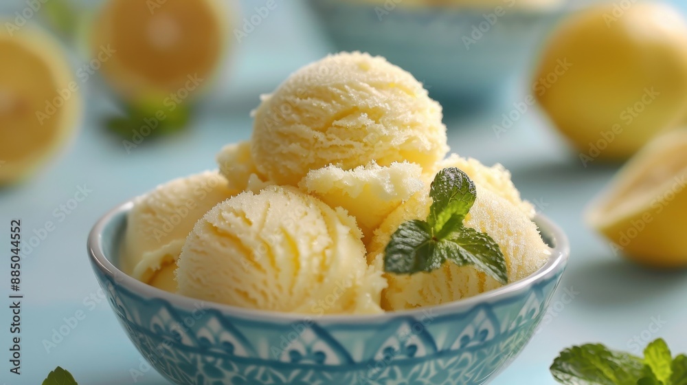 A close-up of lemon sorbet in a bowl, with a refreshing summer background A close-up of lemon sorbet in a bowl, with a refreshing summer background