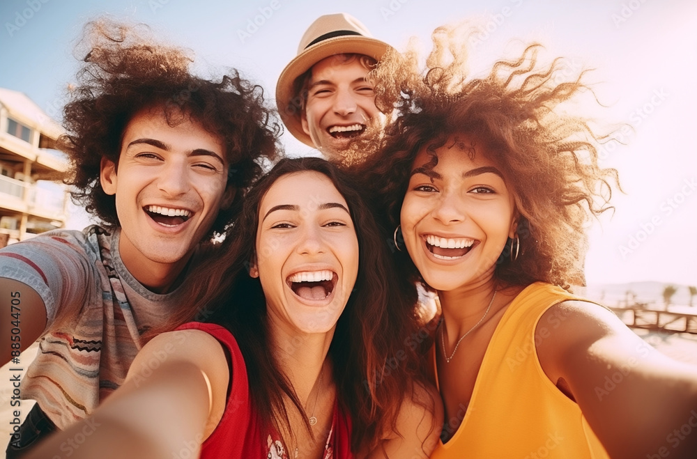 Group Of Happy Friends Taking A Selfie Together At The Beach On A Sunny Day, Smiling And Enjoying Summer Fun Group Of Happy Friends Taking A Selfie Together At The Beach On A Sunny Day, Smiling And Enjoying Summer Fun