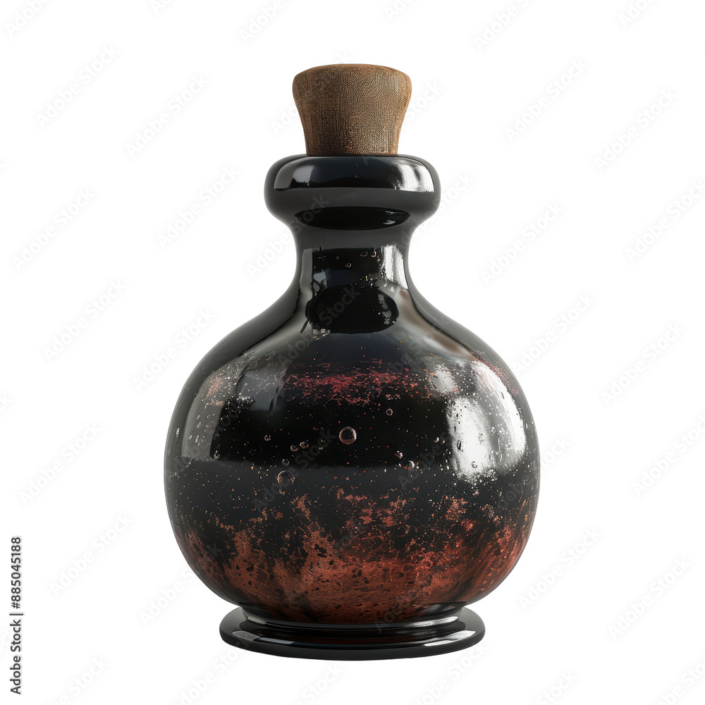 A black glass bottle with a cork stopper. It has a speckled, copper-colored design. A black glass bottle with a cork stopper. It has a speckled, copper-colored design.
