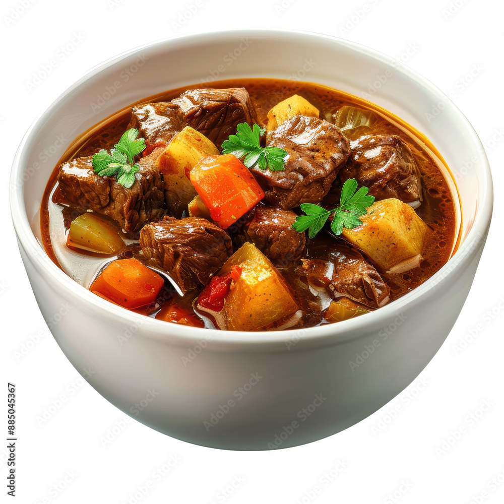 A bowl of hearty beef stew with potatoes, carrots, and herbs. A bowl of hearty beef stew with potatoes, carrots, and herbs.