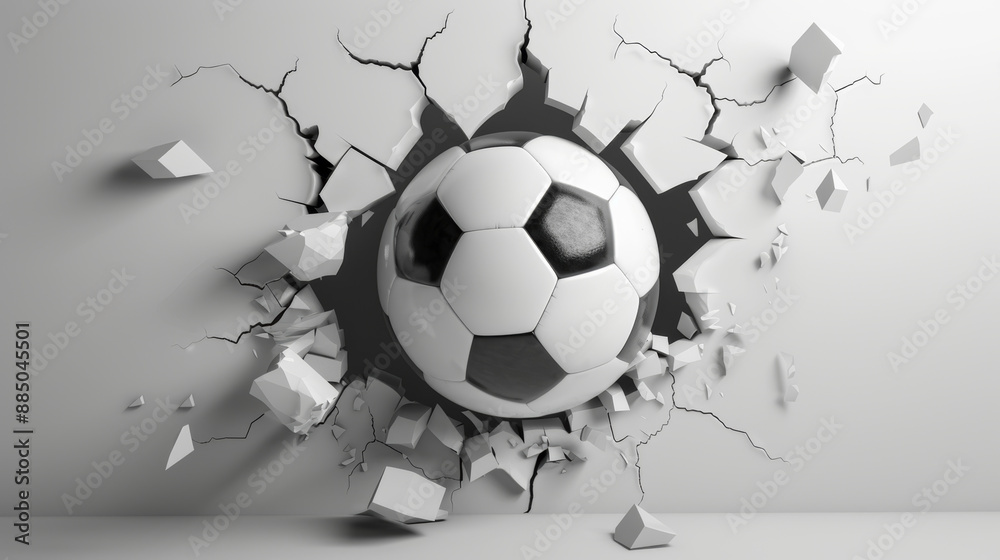 Obraz premium The ball is partially embedded in the wall, with debris and cracks radiating outward, creating a sense of explosive action.