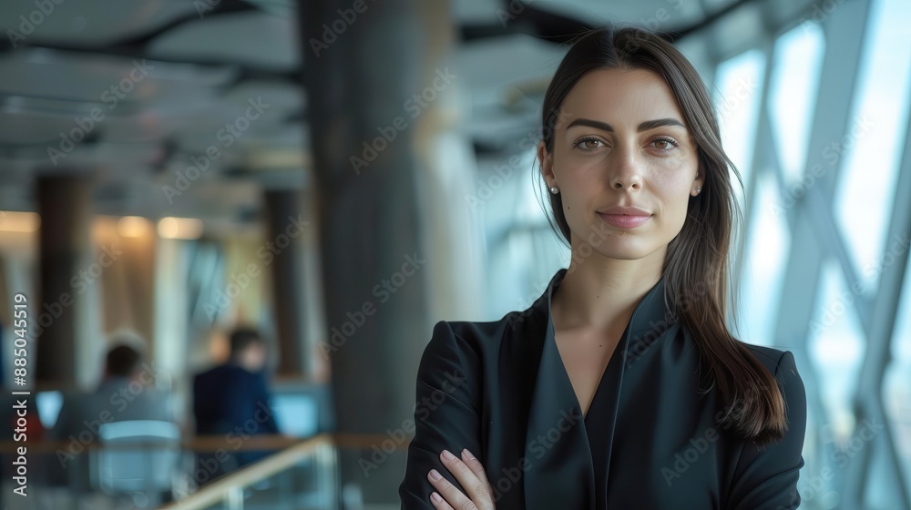 confident businesswoman in sleek office diverse team working behind her modern architecture emphasis on leadership and collaboration confident businesswoman in sleek office diverse team working behind her modern architecture emphasis on leadership and collaboration