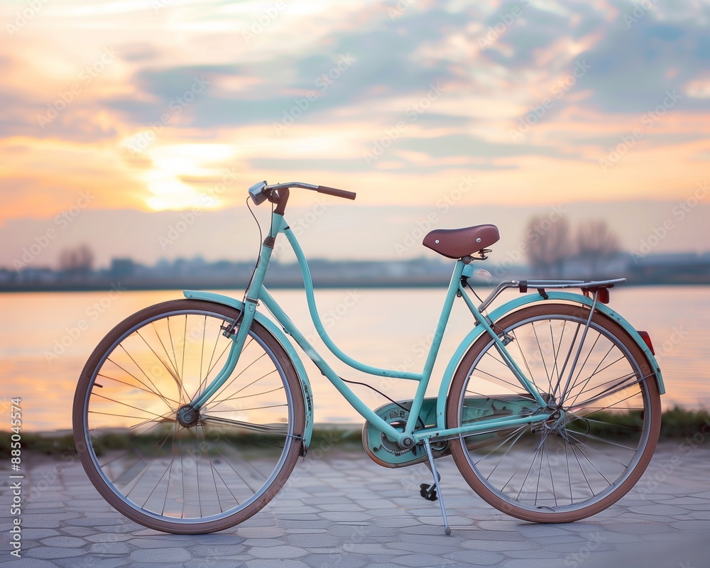 Fototapeta premium Scenic Sunset with Vintage Bicycle by the Lake - Perfect for Travel and Lifestyle Inspiration