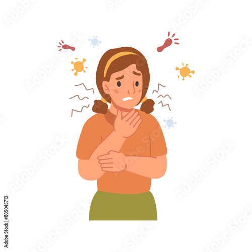 Girl having flu, sore throat. Coughing child with influenza virus, flat cartoon vector illustration. Young woman having cold, seasonal flu. Child with sick symptoms feeling unwell, coronavirus disease