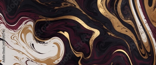 Abstract smokey Maroon black and gold background with floating in style marbled ink