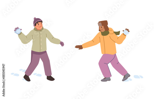 Children at snowball fight on winter holidays, people fun activities outside. Kids having fun and throwing snow balls, playing wintertime game. Flat vector illustration of happy kids