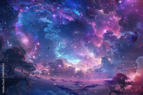 cosmic dreamscape with swirling galaxies and shimmering nebulae translucent celestial beings dance among vibrant star clusters floating islands with alien flora dot the ethereal void