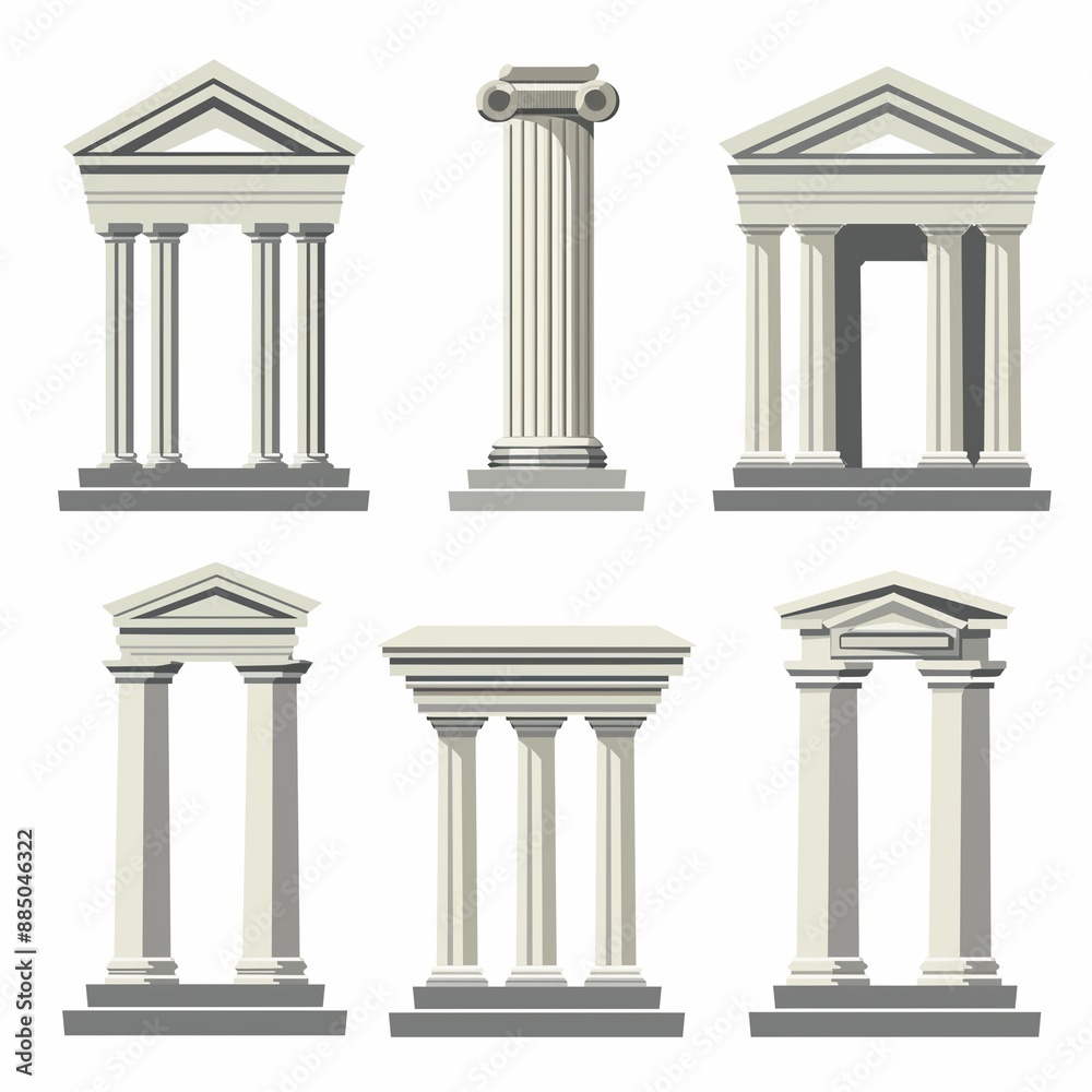 Classical Greek and Roman Architectural Columns and Structures Illustration with Iconic Pillars and Temples Classical Greek and Roman Architectural Columns and Structures Illustration with Iconic Pillars and Temples