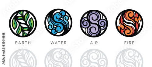 4 Elements of nature symbol earth water air and fire with sign Black circle line and curve shape collection vector design