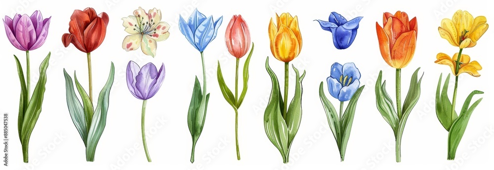 Naklejka premium Colorful and Detailed Illustrations of Blooming Flowers, Including Tulips and Daisies - An Stunning Collection of Botanical Artistry