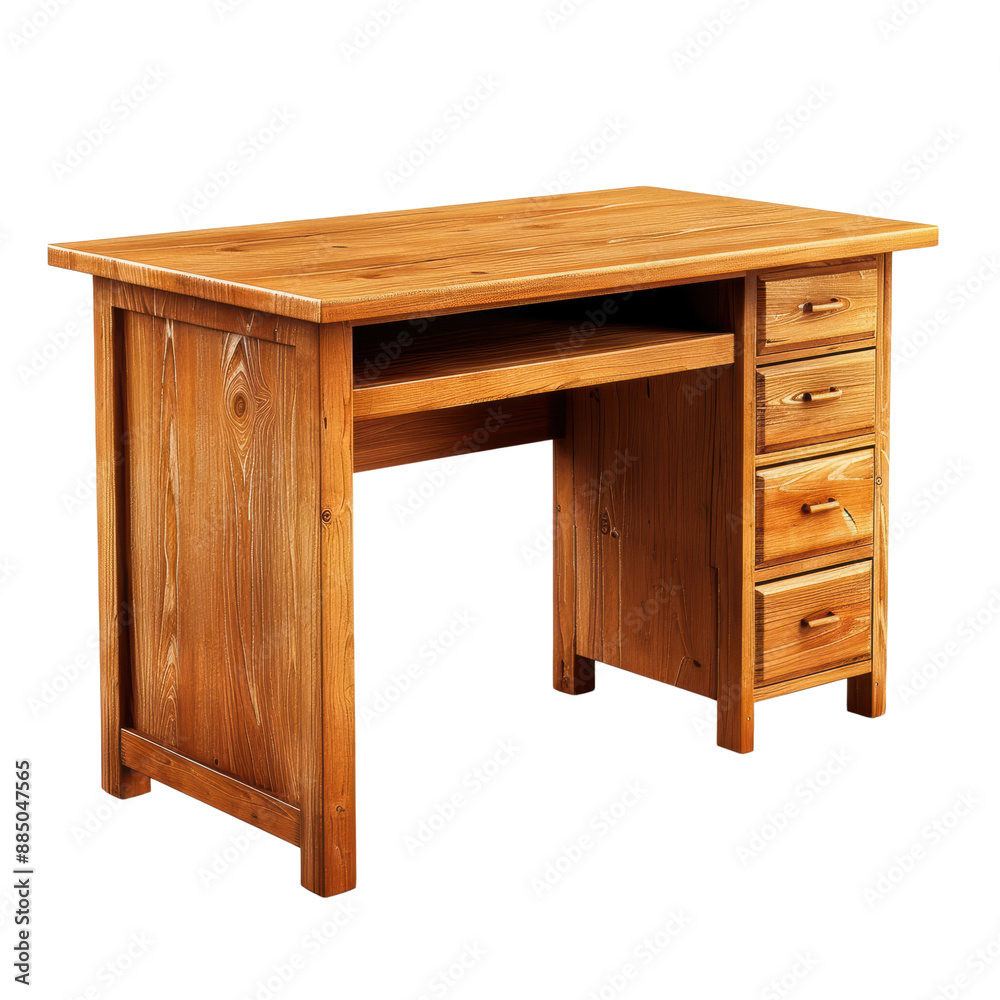 A rustic wooden desk with four drawers and a shelf, perfect for a home office or study. A rustic wooden desk with four drawers and a shelf, perfect for a home office or study.