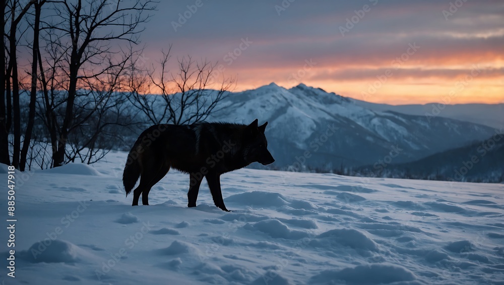 Lone wolf silhouette howling amidst a snowy winter backdrop Lone wolf silhouette howling amidst a snowy winter backdrop