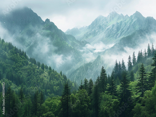 Misty Mountain Range With Lush Green Forest