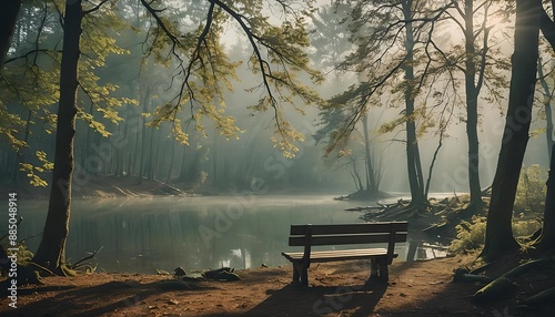 A Beautiful Lake In A Misty Forest Illustration