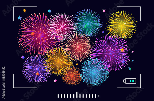 Fireworks camera. Festive video shooting, night flares. Flickering of pyrotechnic lights, glow, sparklers. Event, anniversary, Christmas time. Glowing fireworks captured on camera, viewfinder. Vector