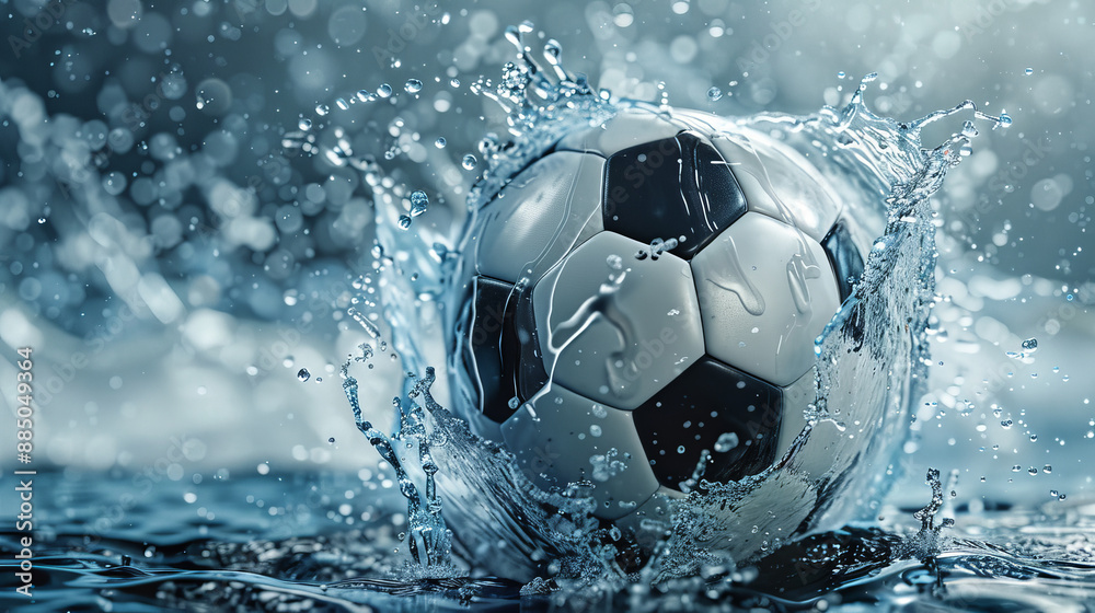 Naklejka premium The combination of the soccer ball and the swirling water particles creates a striking visual that emphasizes the sport's dynamism and excitement.
