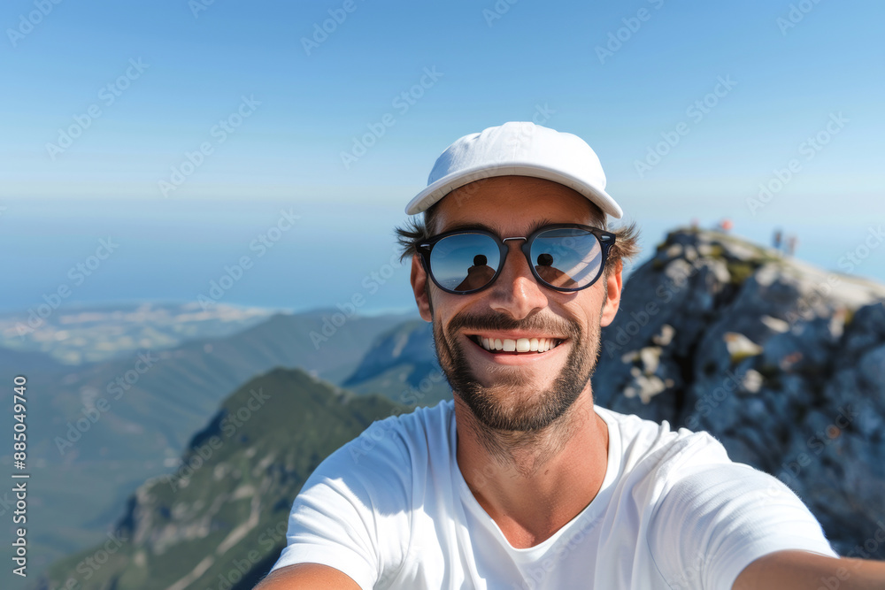 A man takes a selfie on the top of a mountain field during a day hike, a happy tourist takes a photo on a cliff against the backdrop of the sea, active recreation and tourism A man takes a selfie on the top of a mountain field during a day hike, a happy tourist takes a photo on a cliff against the backdrop of the sea, active recreation and tourism