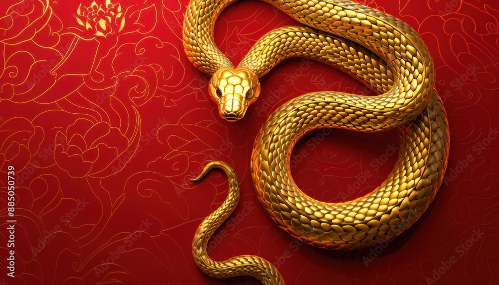 Golden Snake on Red Background With Chinese Floral Pattern Golden Snake on Red Background With Chinese Floral Pattern