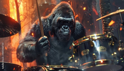 Powerful Gorilla Drummer In Fiery Forest Setting