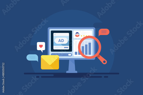 Social media ad analytics conceptual vector illustration. Digital advertising performance insights display on pc screen, data monitoring.