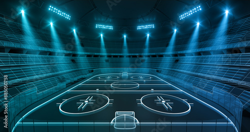 Photography Futuristic ice hockey arena at night with shining spotlights and thrilling atmosphere before sport event