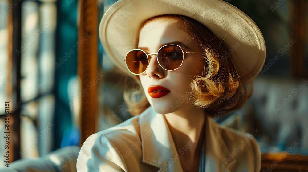 Beautiful Woman with Red Lips and White Hat. A stylish woman Beautiful Woman with Red Lips and White Hat. A stylish woman