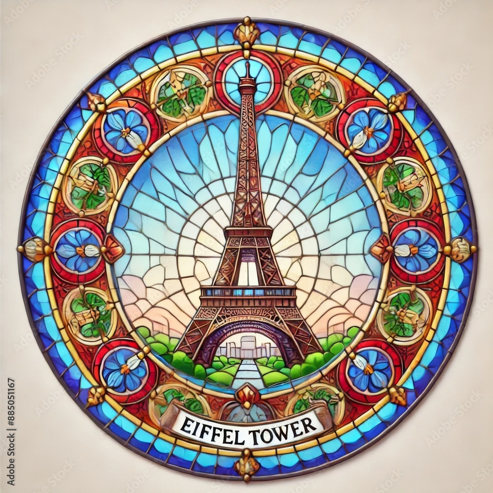 Obraz premium Vibrant Stained Glass Artwork Depicting the Iconic Eiffel Tower in Paris France