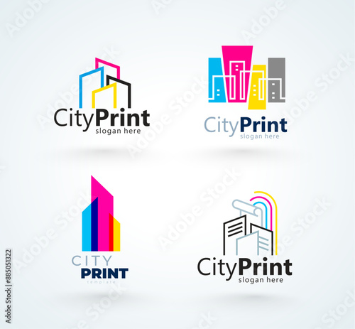 Set Logo City Print СMYK Printing Polygraphy theme. Silhouette Buildings lines style. Template design vector. White background.