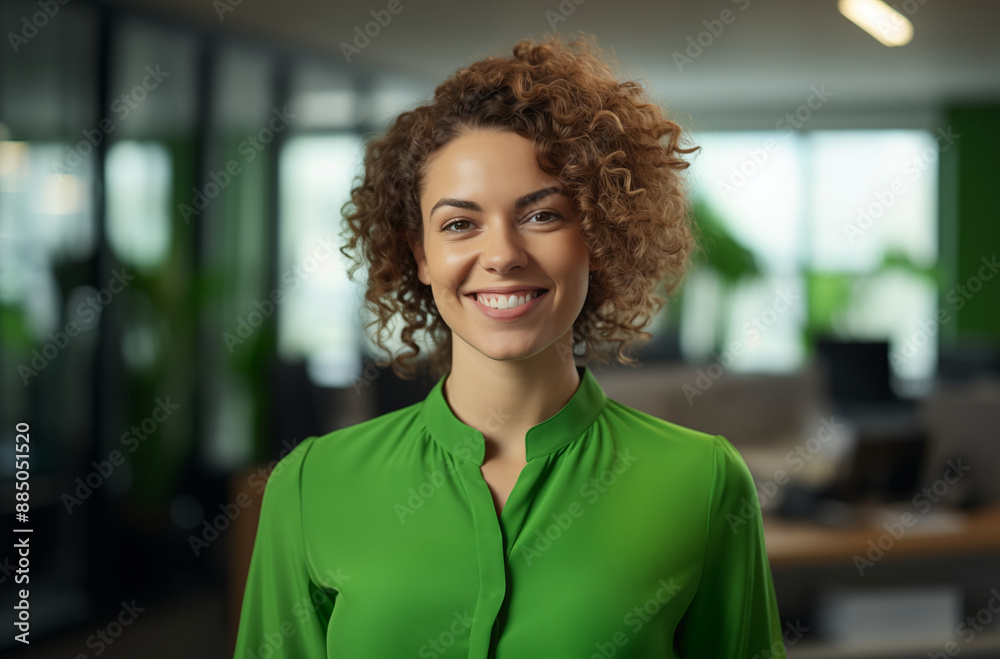 Fototapeta premium Young Professional Woman In Green Shirt Standing Confidently In Modern Office And Smiling