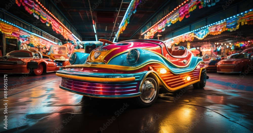 Retro Bumper Car at colorful Carnival Fairground with Traditional Aesthetics Retro Bumper Car at colorful Carnival Fairground with Traditional Aesthetics