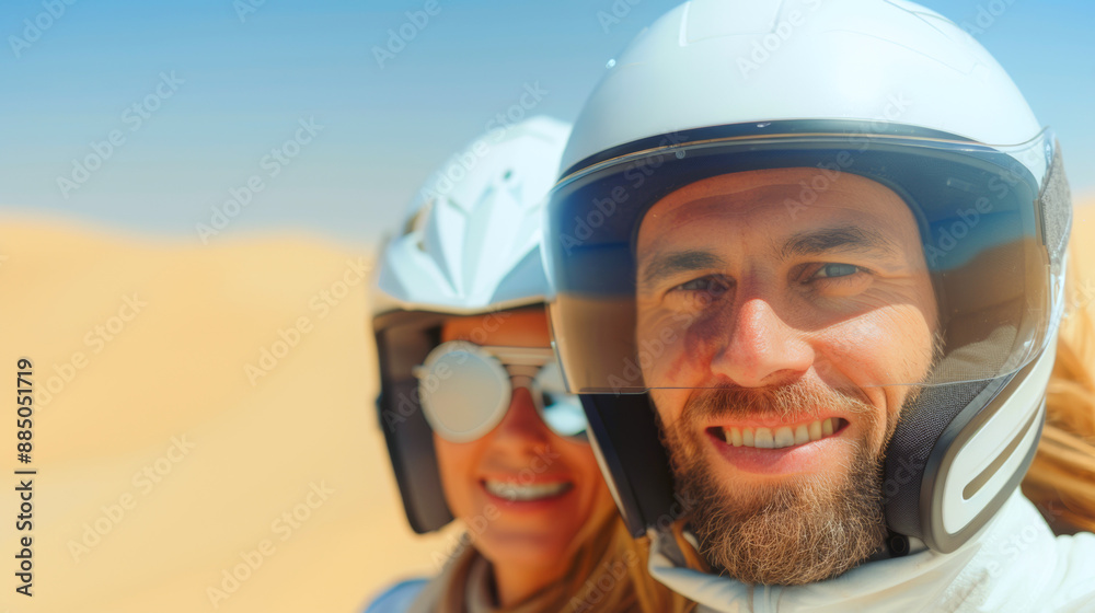 Young couple on adventure motorcycle excursion through desert, happy tourists taking selfie, summer vacation concept Young couple on adventure motorcycle excursion through desert, happy tourists taking selfie, summer vacation concept