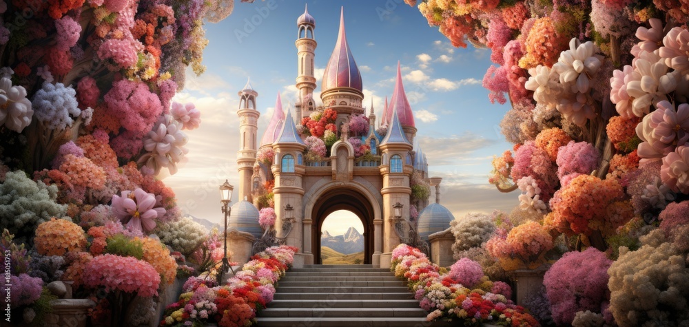 Fototapeta premium Enchanting Entrance to a Fairy Tale Castle - Magical Gateway to Fantasy Wonderland with Colorful Ornaments and Decorations