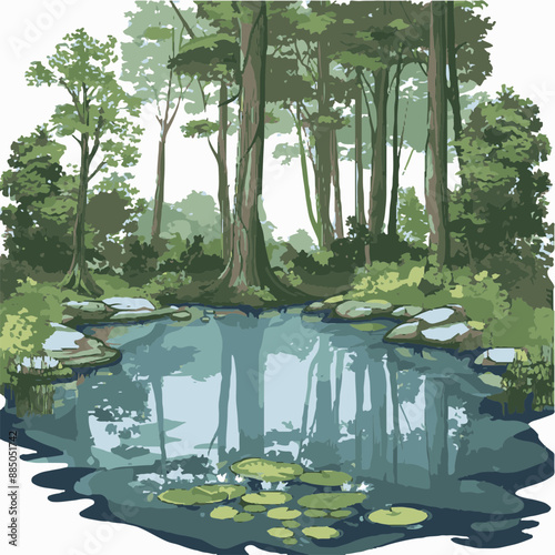 Illustrated Forest Lake Scene: Serenity and Natural Beauty