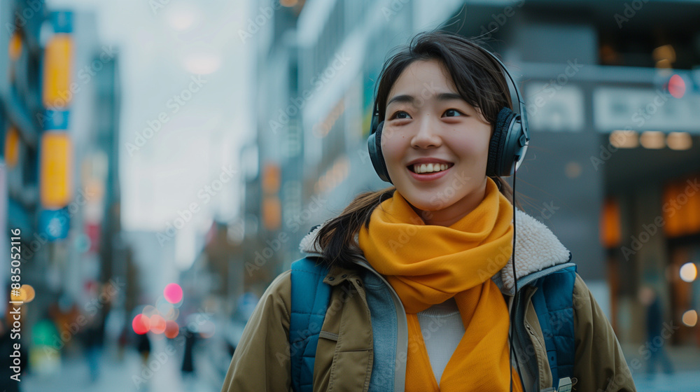Japanese woman walking smiling, using headphones, street background with tall buildings, Ai Generated Images Japanese woman walking smiling, using headphones, street background with tall buildings, Ai Generated Images