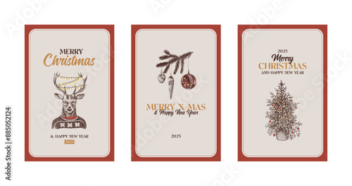Merry Christmas hand drawn greeting cards set